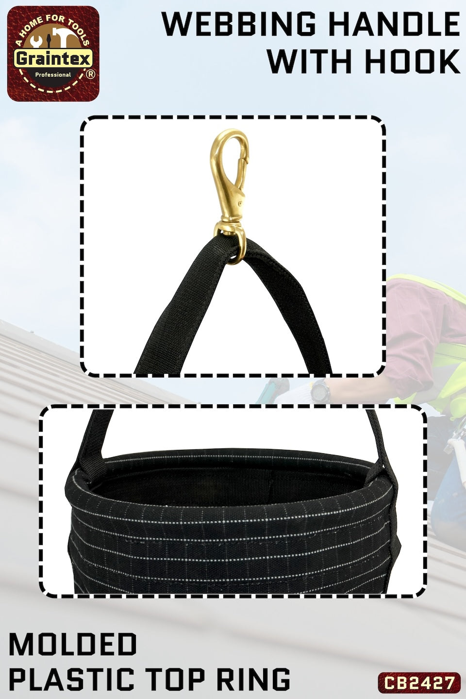 CB2427 :: UTILITY CANVAS BUCKET PLASTIC BOTTOM 12”X16” WEBBING