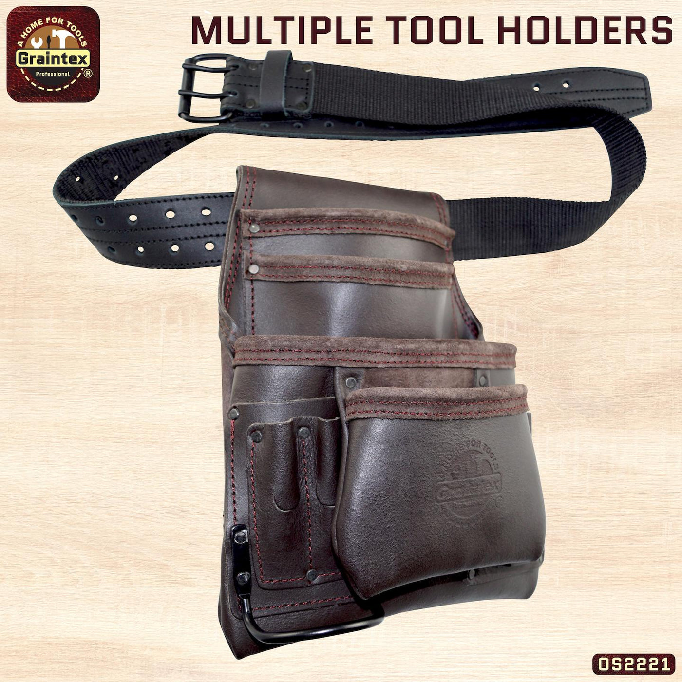 OS2221 :: 10 Pocket Nail & Tool Pouch Oil Tanned Leather with 2" Belt