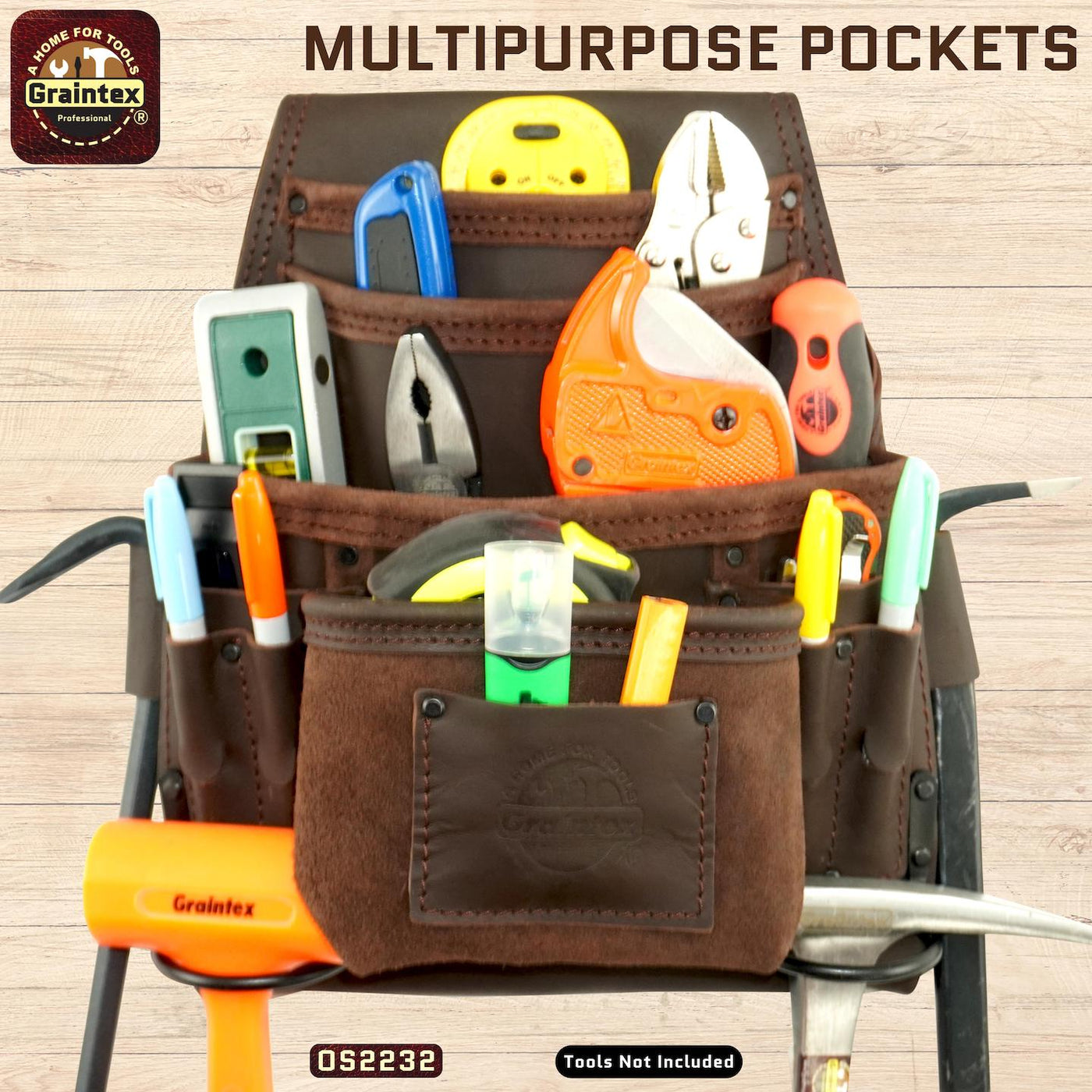 OS2232 :: 10 Pocket Nail & Tool Pouch Brown Color Oil Tanned Top Grain Leather