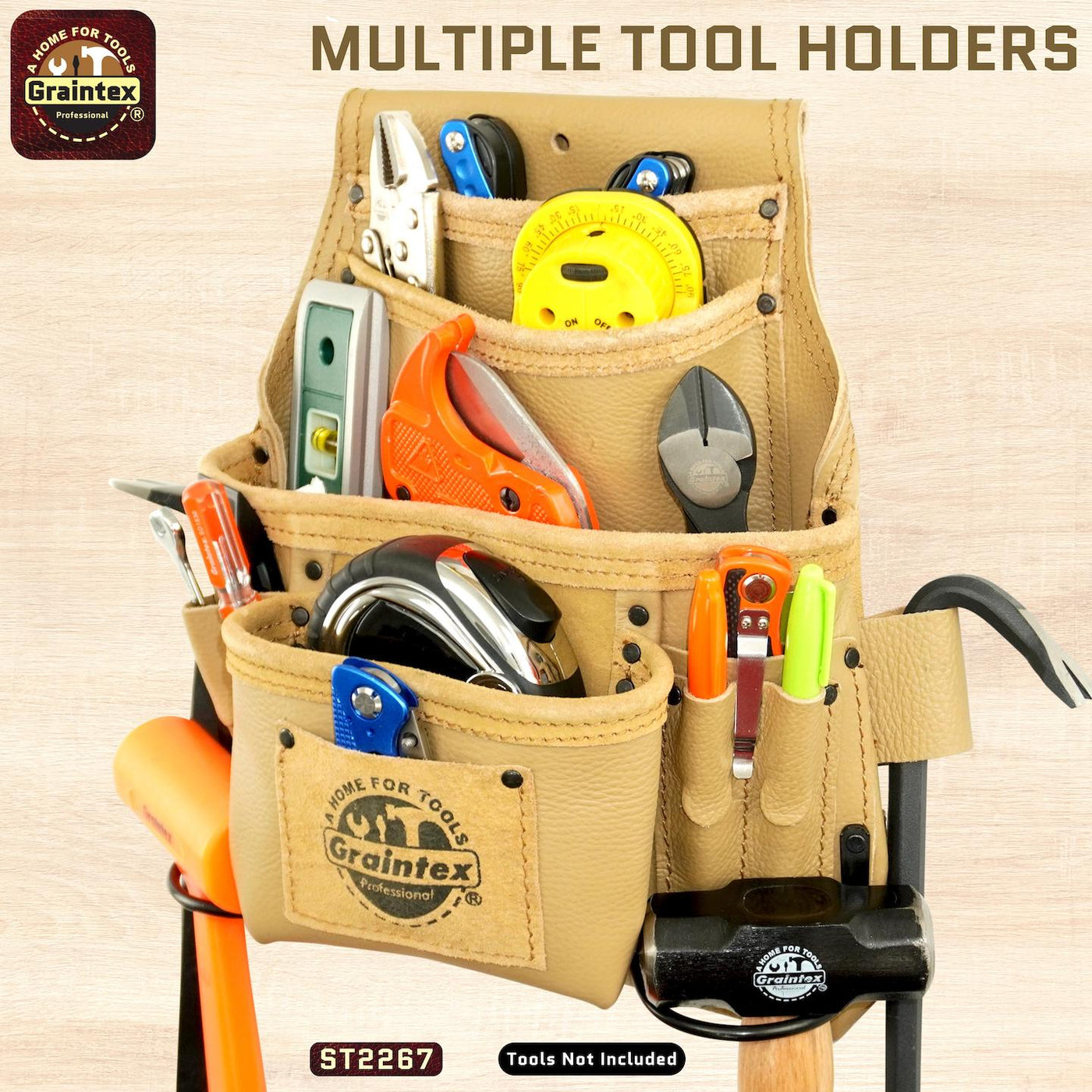 ST2267 :: 10 Pocket Nail & Tool Pouch Beige Color RUGGED Top Grain Leather