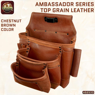 AS2533 :: 10 Pocket Framer’s Tool Pouch Ambassador Series Chestnut Brown Color Top Grain Leather