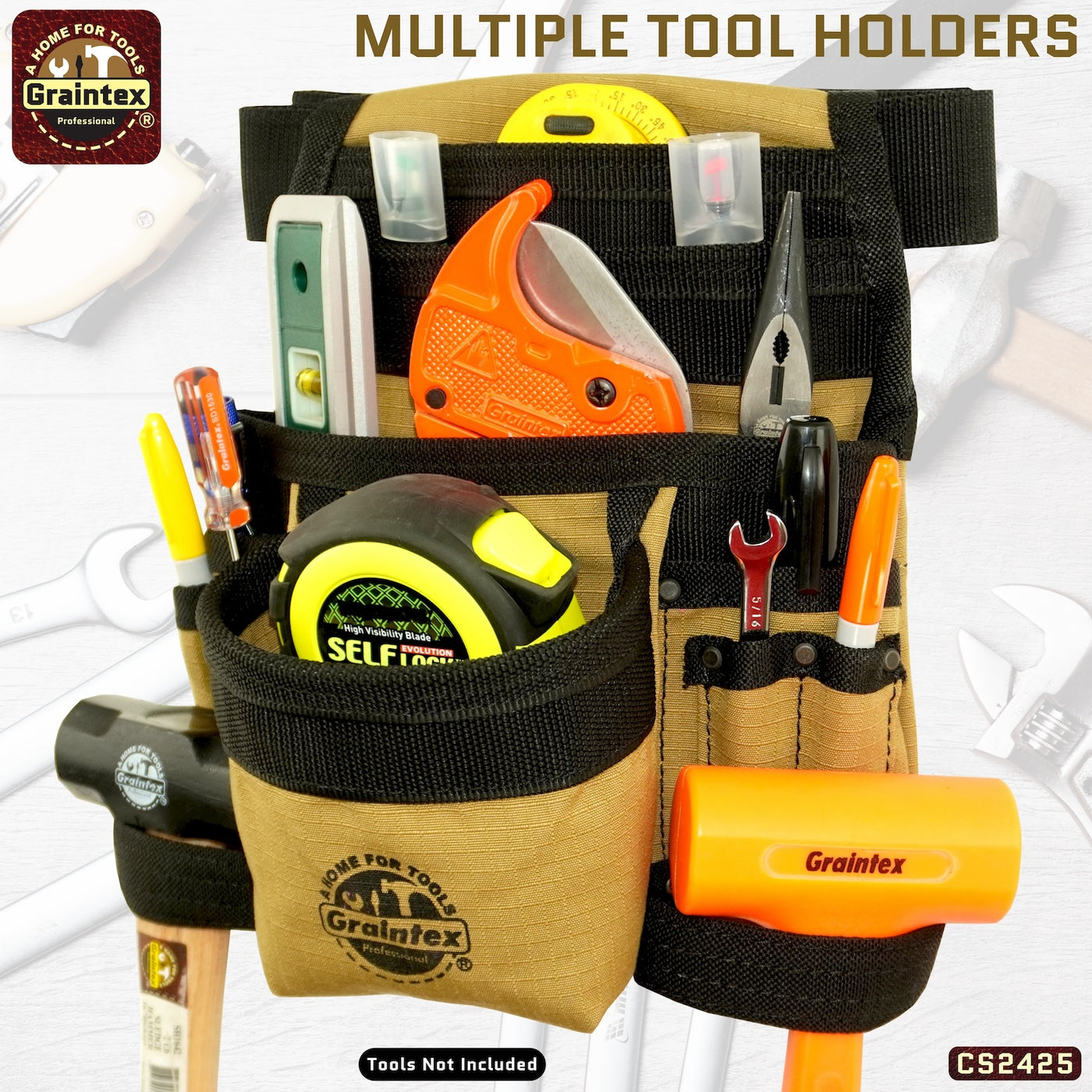 CS2425 :: 10 Pocket Finisher Nail & Tool Pouch Khaki Color Ripstop Canvas with 2” Webbing Belt