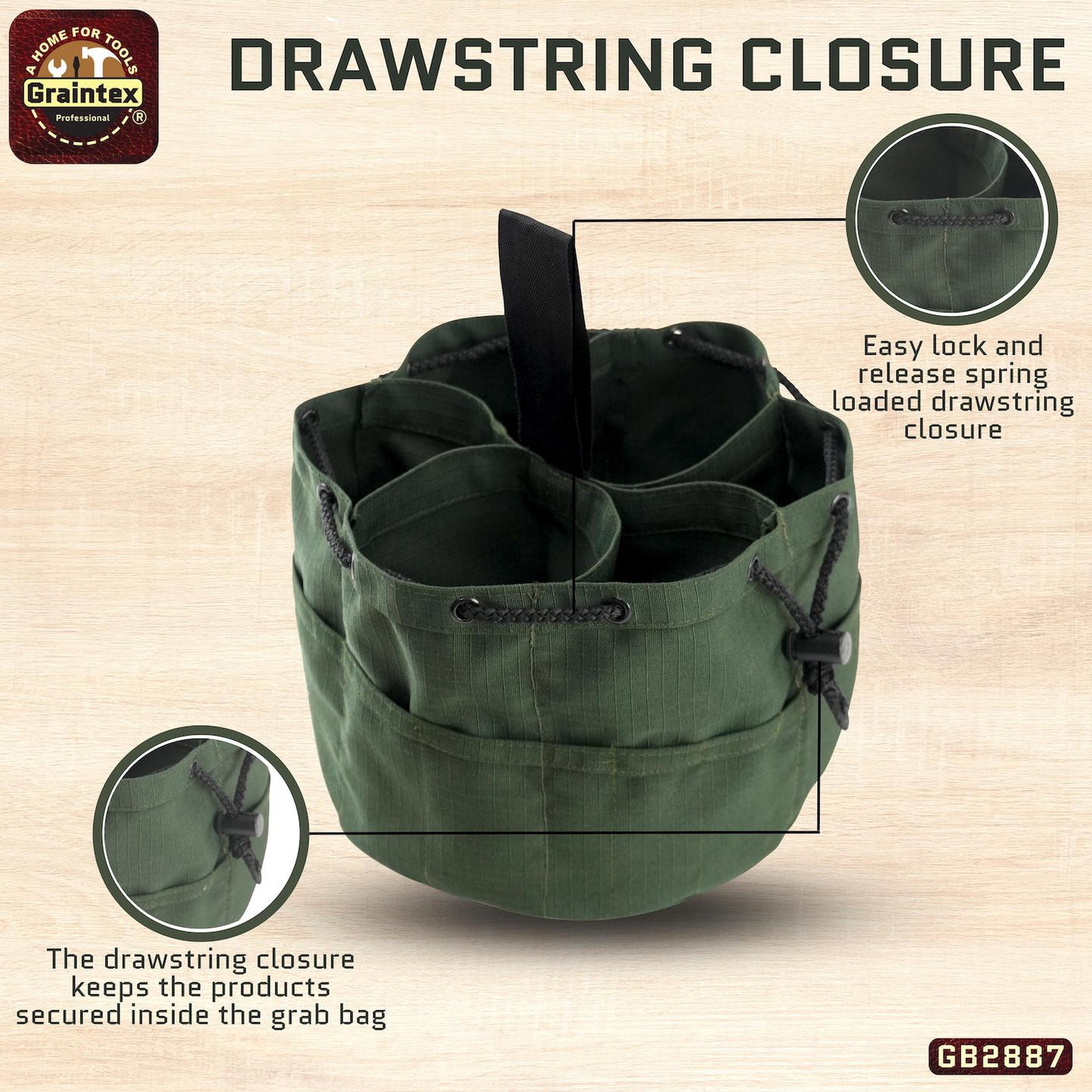 GB2887 :: Grab Bag Hunter Green Color Rip-stop Canvas 18 Pockets Drawstring Closure