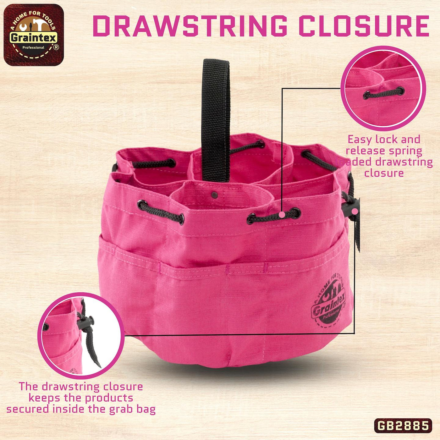 GB2885 :: Grab Bag Pink Color Rip-stop Canvas 18 Pockets Drawstring Closure