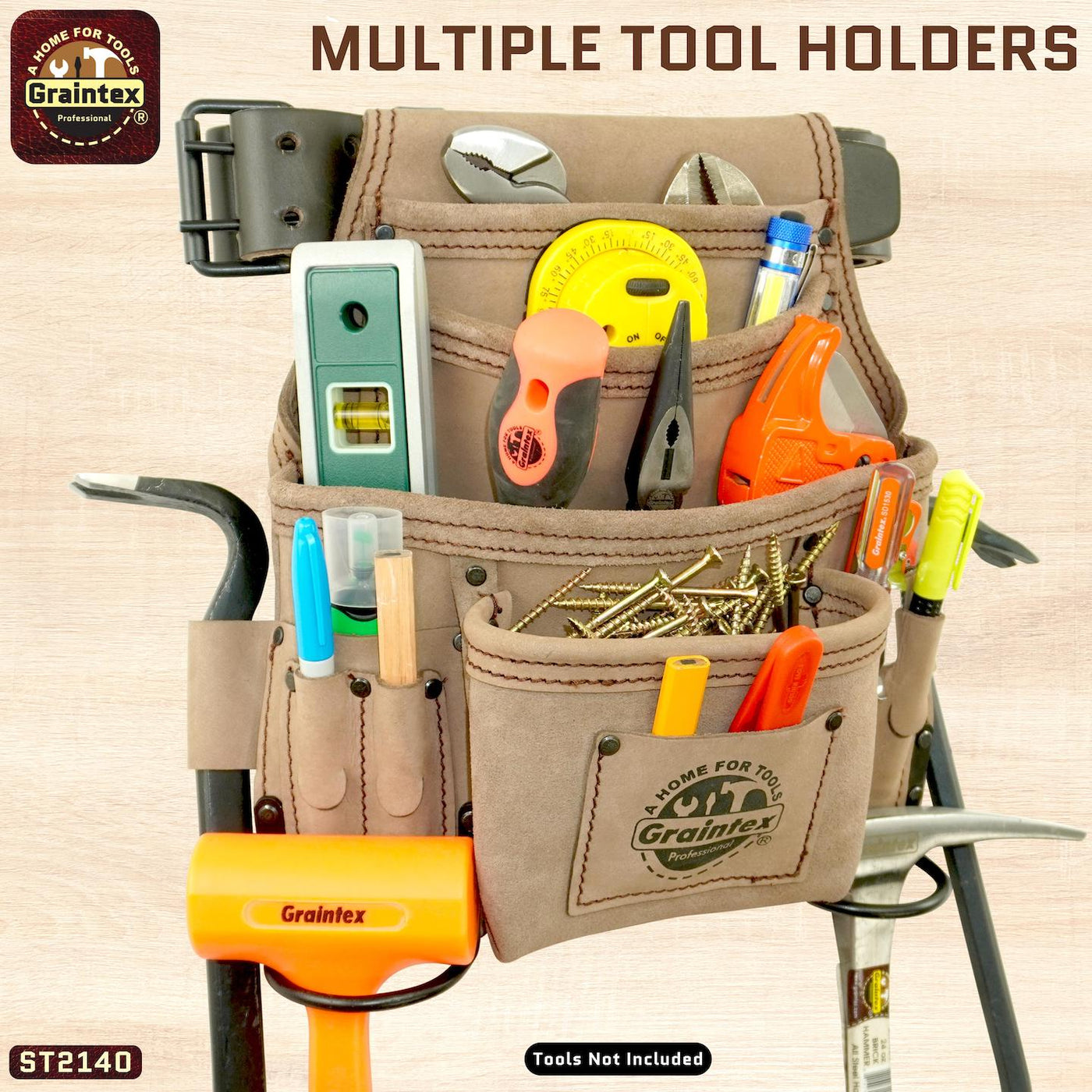 ST2140 :: 10 Pocket Nail & Tool Pouch Beige Color Top Grain Leather with 2" Leather Belt