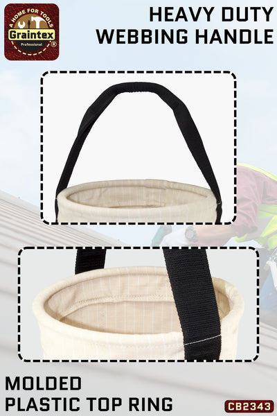 CB2343 :: UTILITY CANVAS BUCKET LEATHER BOTTOM 12”X18” WEBBING HANDLE