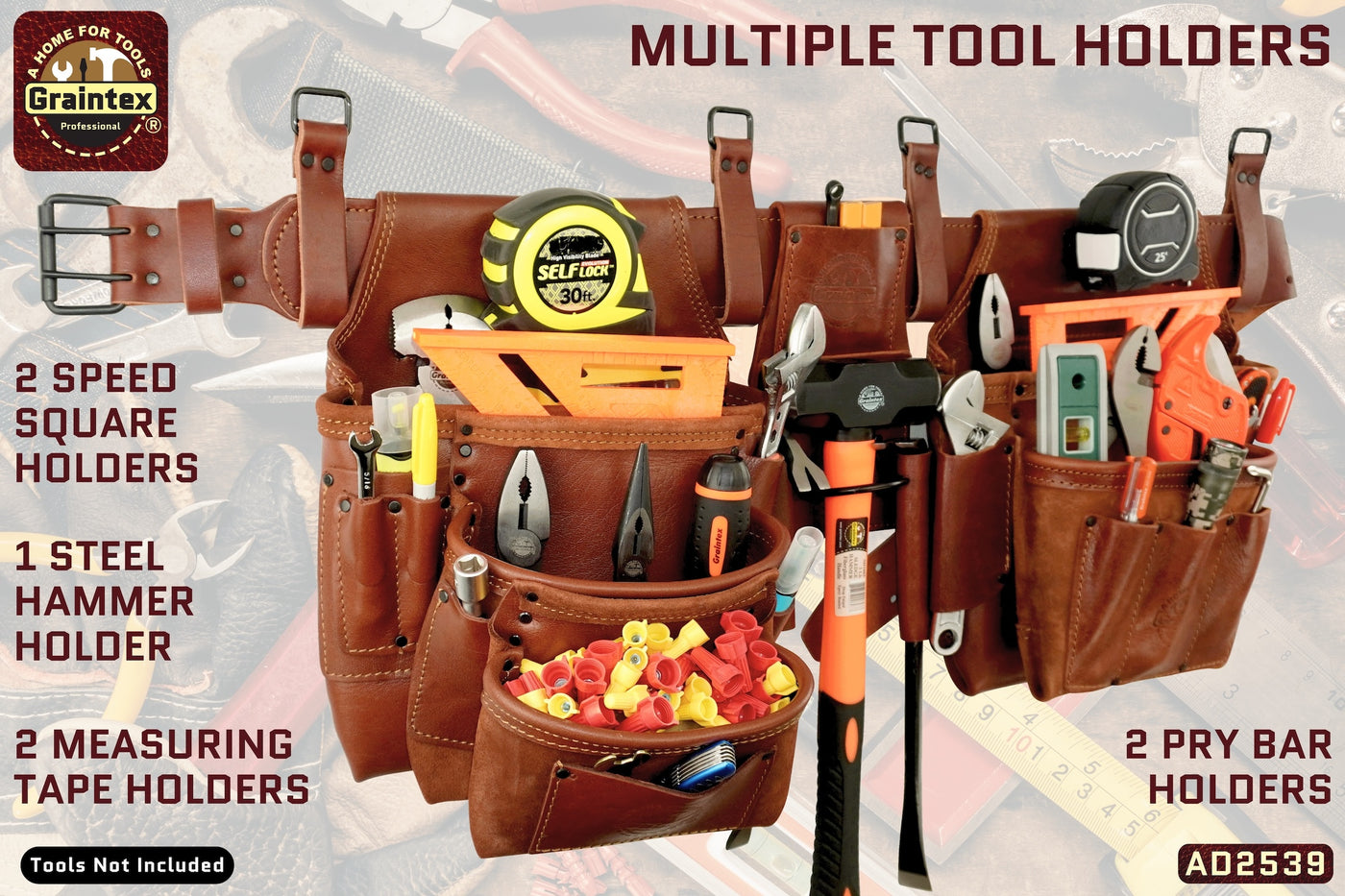 AD2539 :: 4 Piece 18 Pocket Framer's Tool Belt Combo Ambassador Series Chestnut Brown Top Grain Leather