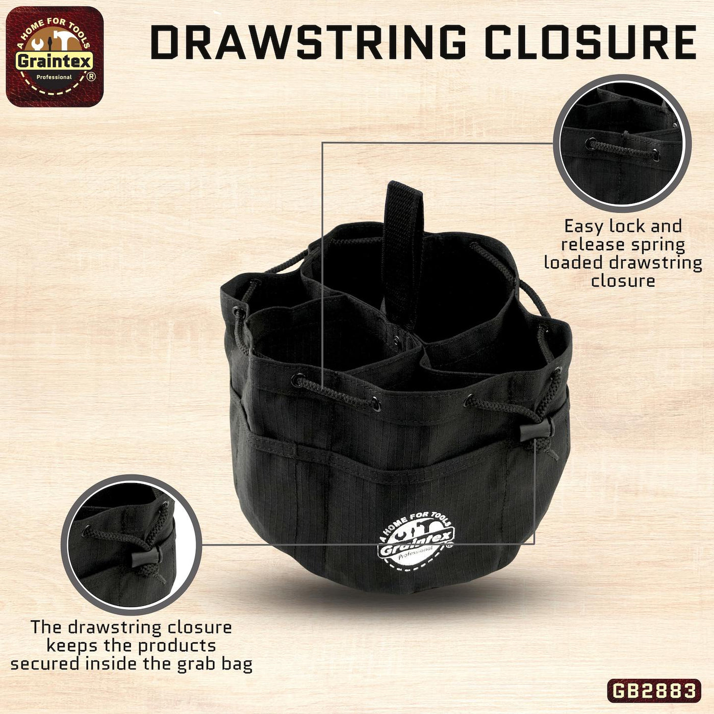GB2883 :: Grab Bag Black Color Rip-stop Canvas 18 Pockets Drawstring Closure
