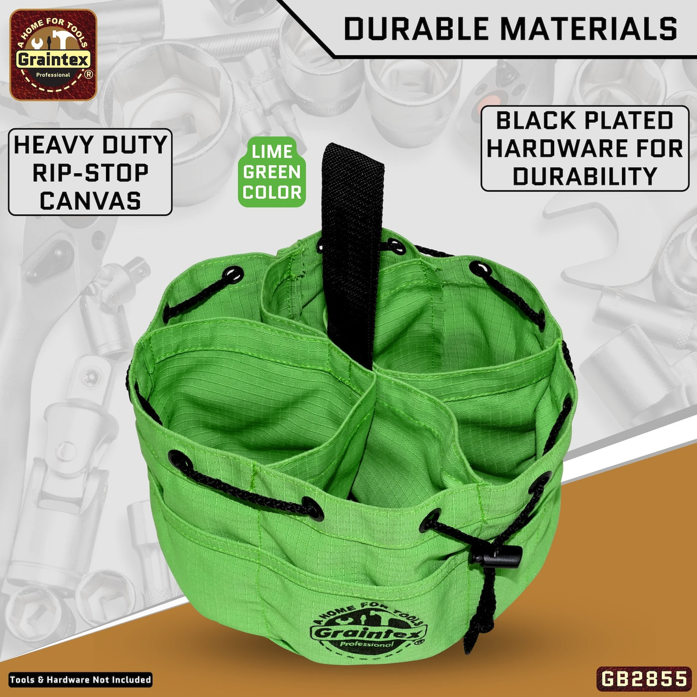 GB2855 :: 3 Pcs Grab Bags Set Rust, Black and Lime Green Color Rip-stop Canvas 18 Pockets