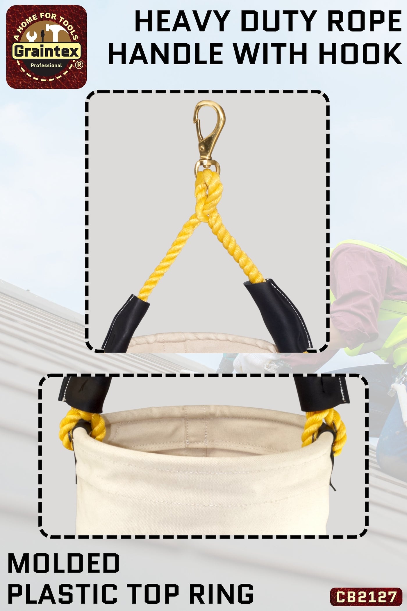 CB2127 :: UTILITY CANVAS BUCKET PLASTIC BOTTOM 12”X16” ROPE HANDLE WITH SWIVEL SNAP HOOK