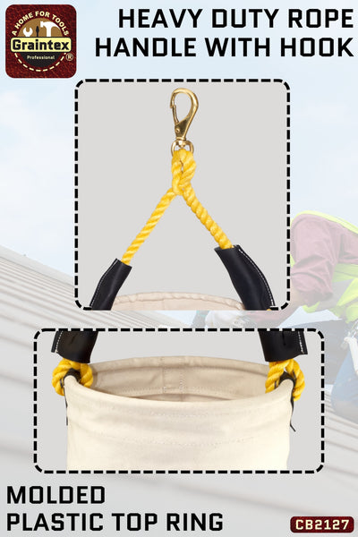 CB2127 :: UTILITY CANVAS BUCKET PLASTIC BOTTOM 12”X16” ROPE HANDLE WITH SWIVEL SNAP HOOK