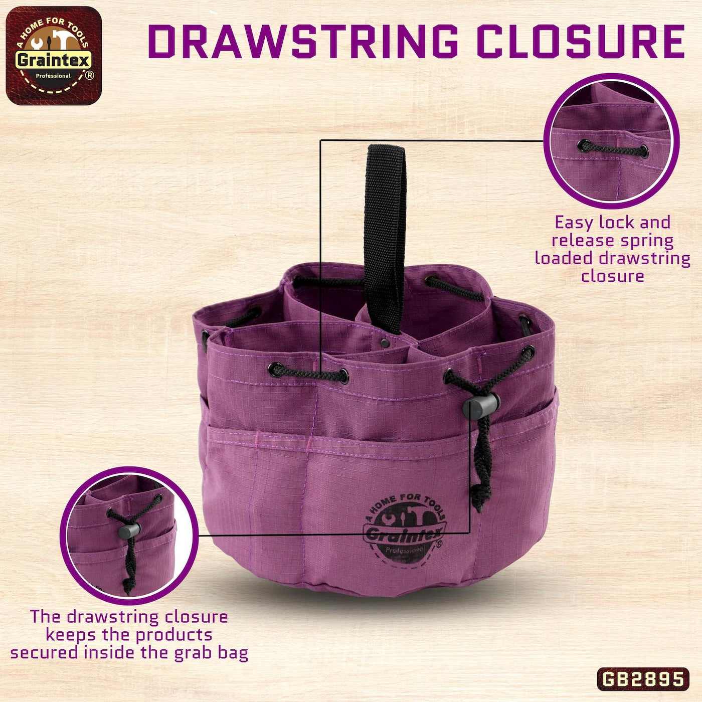 GB2895 :: Grab Bag Purple Color Rip-stop Canvas 18 Pockets Drawstring –  Graintex