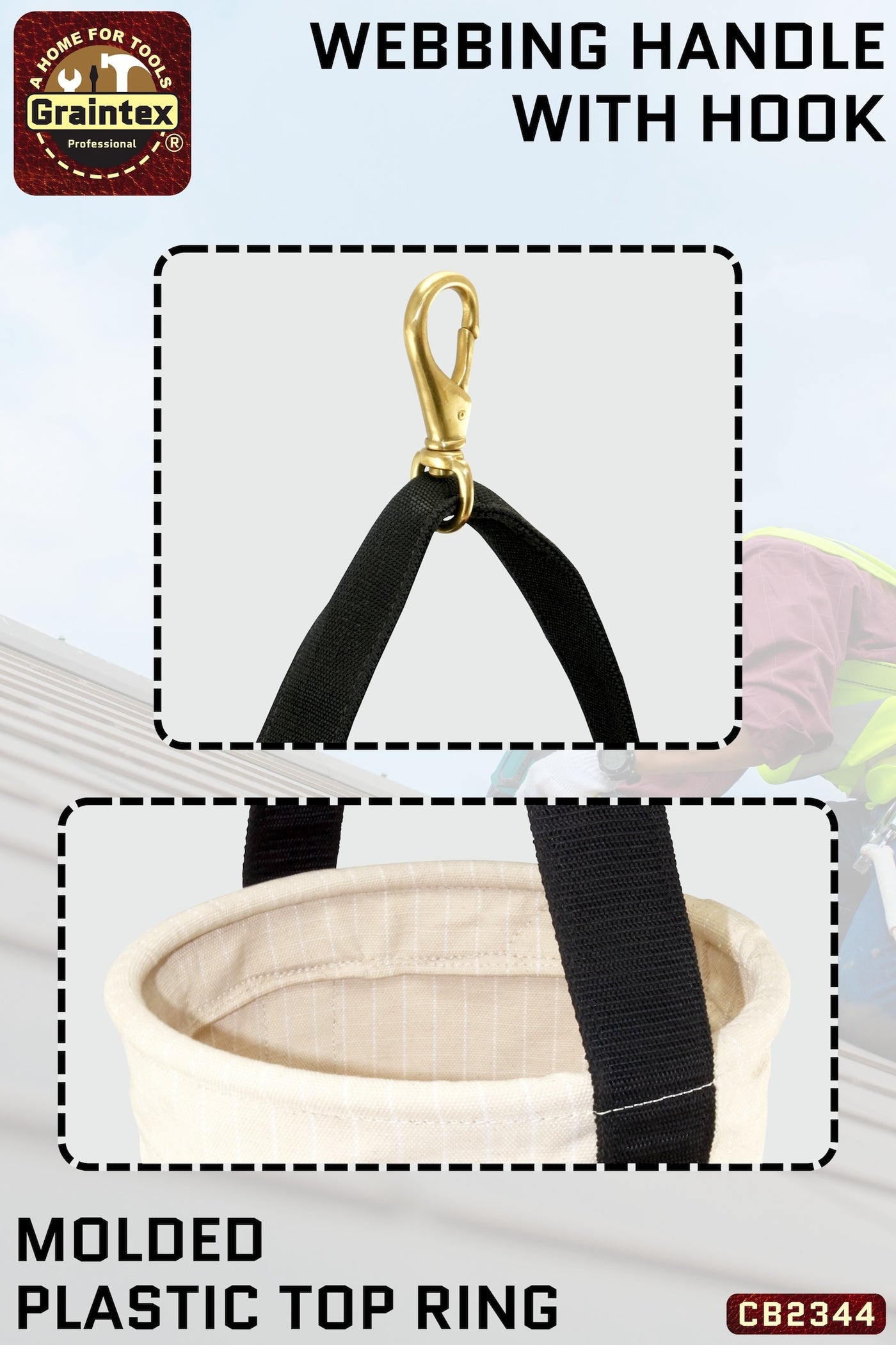 CB2344 :: UTILITY CANVAS BUCKET LEATHER BOTTOM 12”X18” WEBBING HANDLE WITH SWIVEL SNAP HOOK