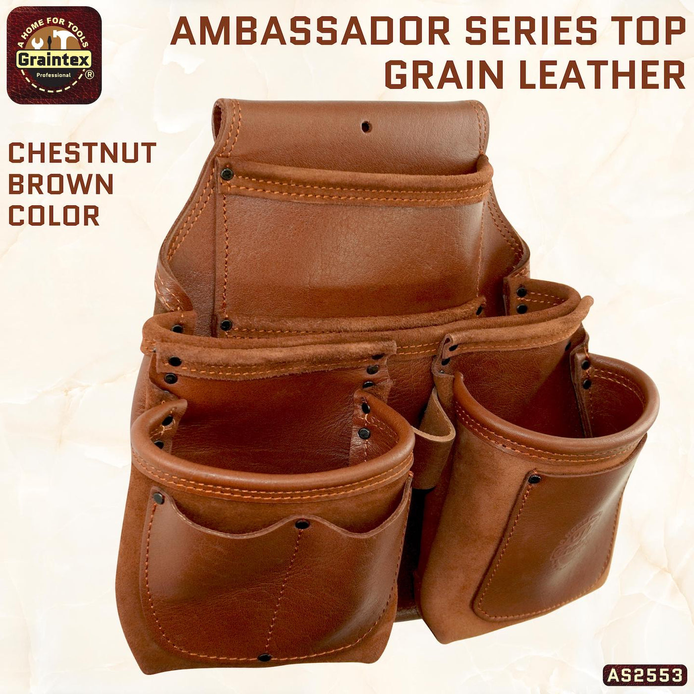 AS2553 :: 8 Pocket Framer's Tool Pouch Ambassador Series Chestnut Brown Color Top Grain Leather