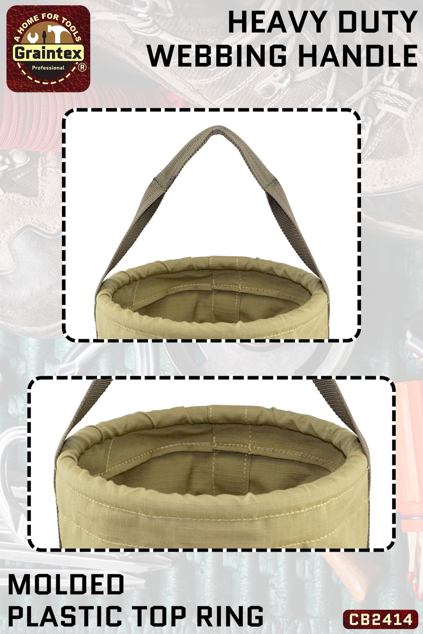 CB2414 :: MULTIPURPOSE TAPERED CANVAS BUCKET 12”X10”X15” WEBBING HANDLE
