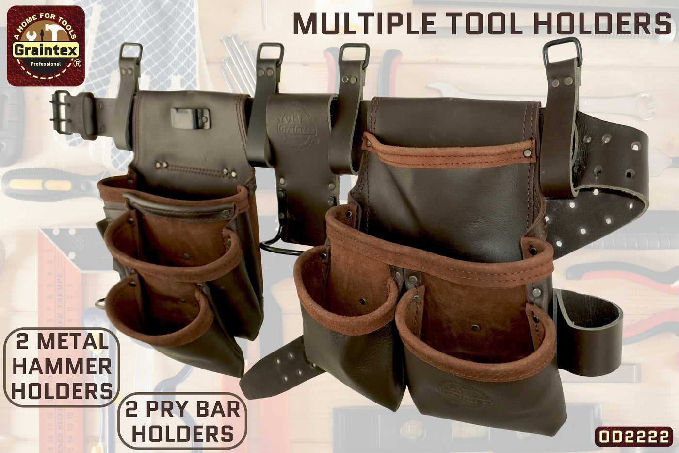 OD2222 :: 4 Piece 14 Pocket Tool Belt Combo Brown Color Industrial Grade Oil Tanned Leather