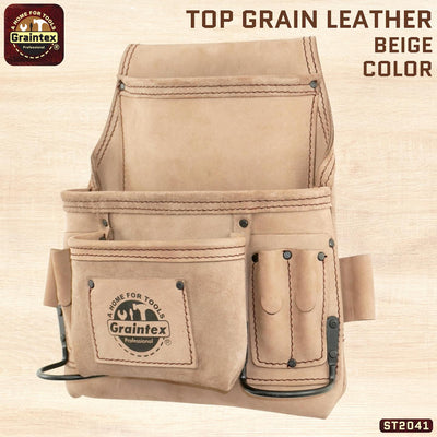 ST2041 :: 9 Pocket Nail & Tool Pouch Beige Color Top Grain Leather