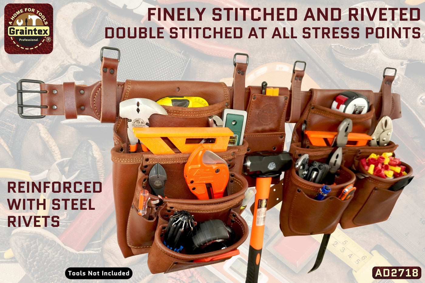 AD2718 :: 4 Piece 15 Pocket Framer's Tool Belt Combo Set Ambassador Series Chestnut Brown Color Top Grain Leather