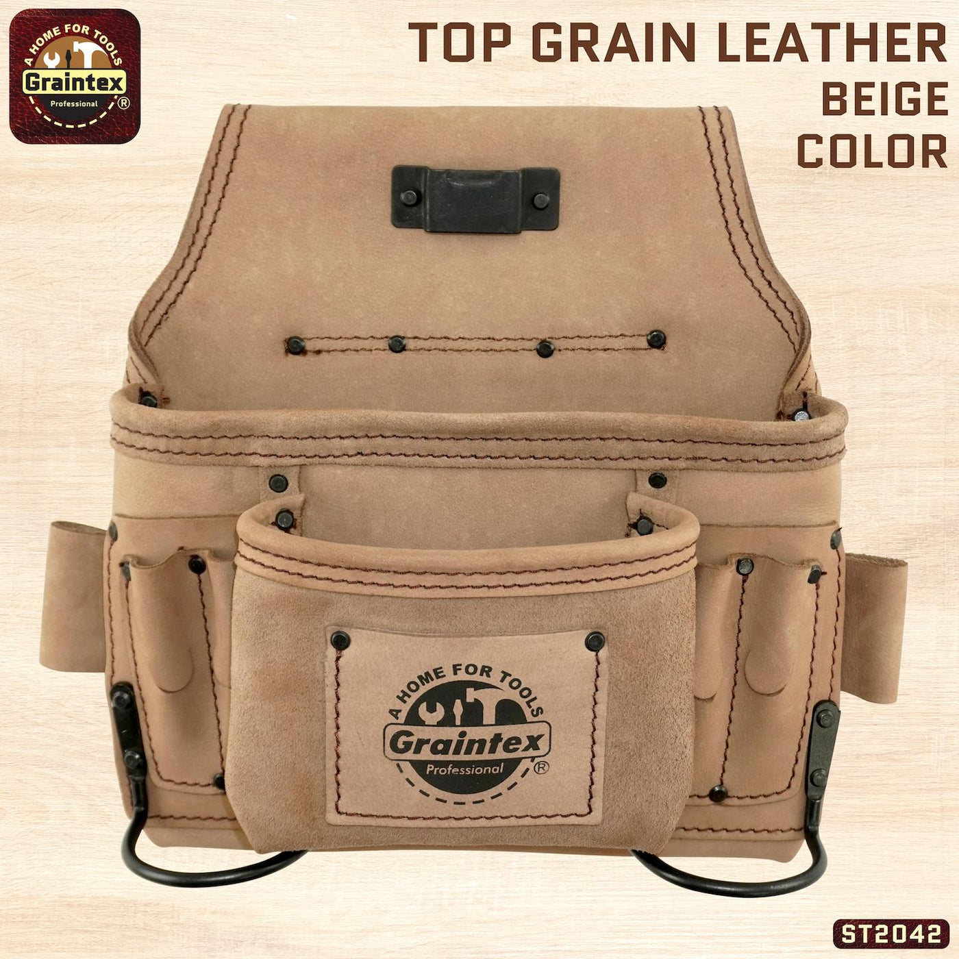 ST2042 :: 8 Pocket Nail & Tool Pouch Beige Color Top Grain Leather