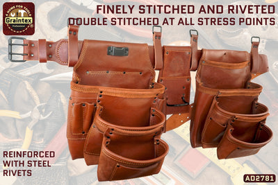 AD2781 :: 4 Piece 17 Pocket Framer's Tool Belt Combo Ambassador Series Chestnut Brown Color Top Grain Leather