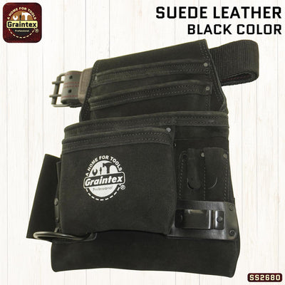 SS2680 :: 10 Pocket Nail & Tool Pouch Black Color Suede Leather with 2" Leather/Webbing Belt