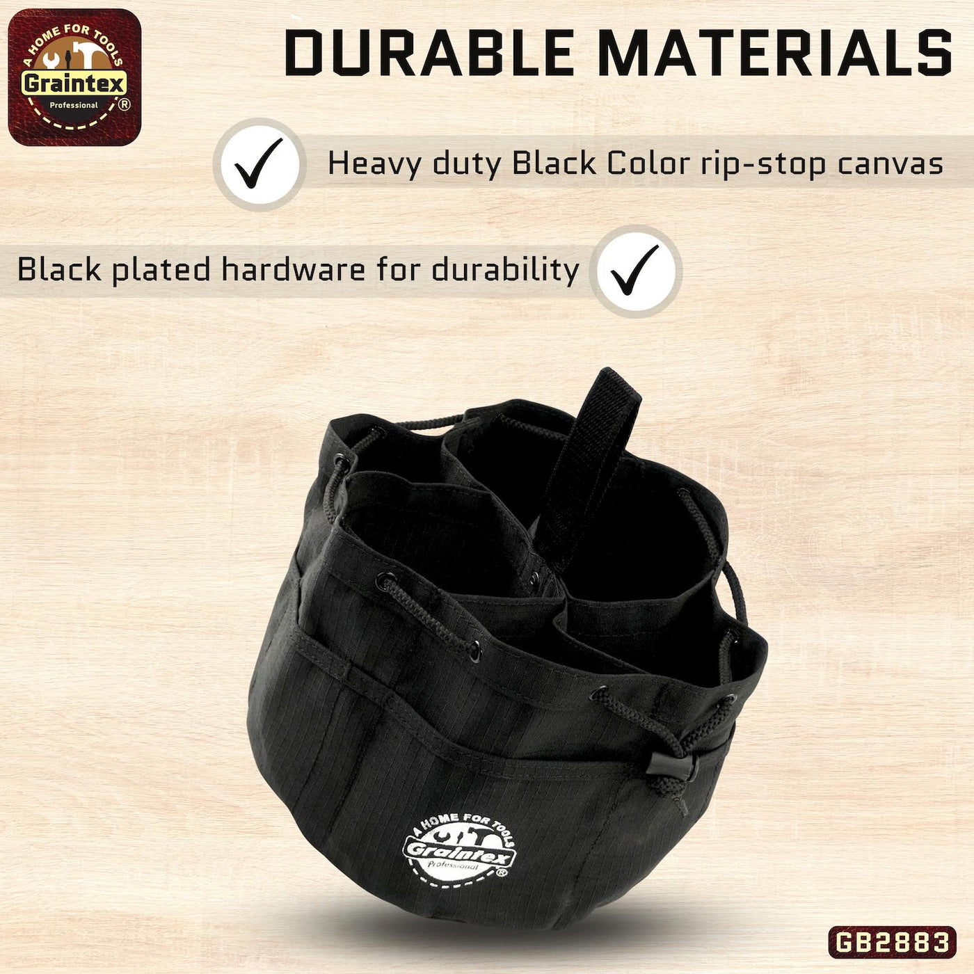 GB2883 :: Grab Bag Black Color Rip-stop Canvas 18 Pockets Drawstring Closure
