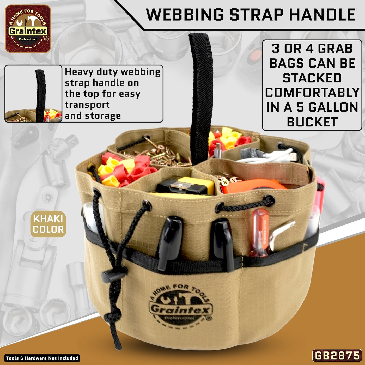 GB2875 :: 3 Pcs Grab Bags Set Khaki, Black and Hunter Green Color Rip-stop Canvas 18 Pockets