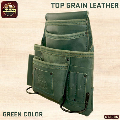 ST2095 :: 10 Pocket Nail & Tool Pouch Green Color Top Grain Leather