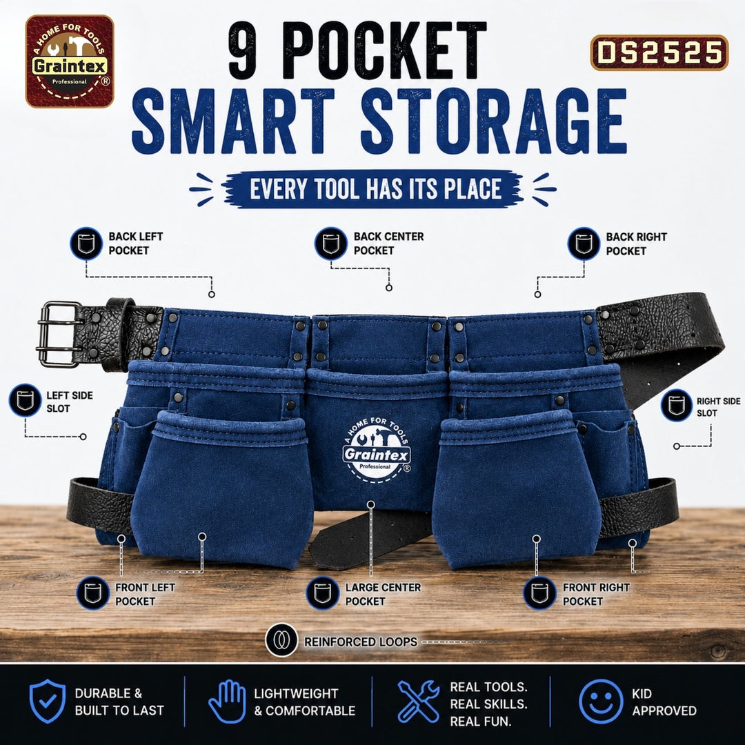 9 Pocket Children Tool Belt Navy Blue Color Suede Leather – Graintex