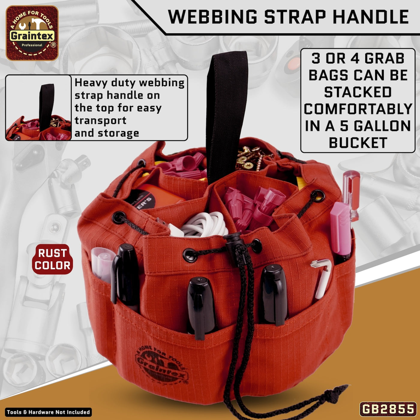 GB2855 :: 3 Pcs Grab Bags Set Rust, Black and Lime Green Color Rip-stop Canvas 18 Pockets