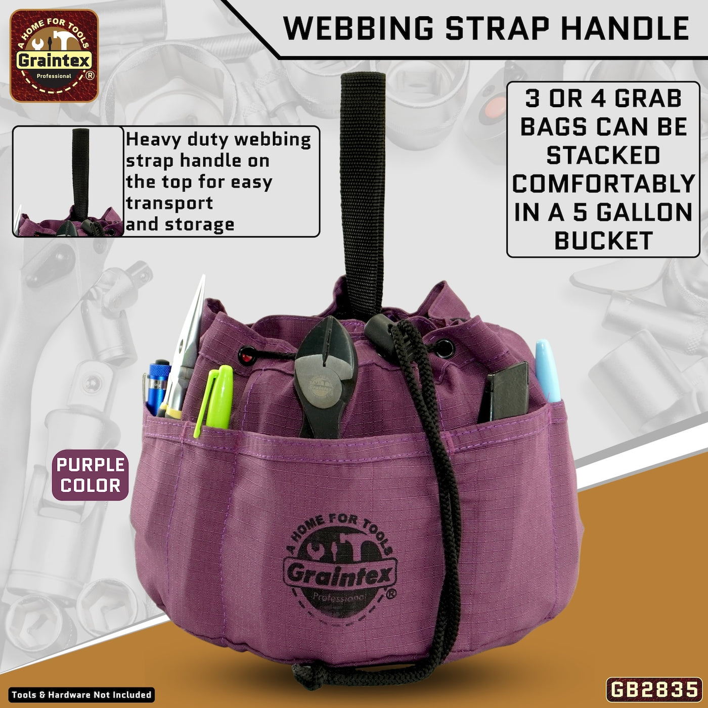 GB2835 :: 3 Pcs Grab Bags Set Purple, Pink and Lime Green Color Rip-stop Canvas 18 Pockets