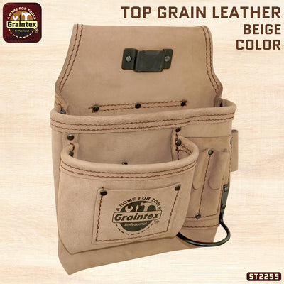 ST2255 :: 5 Pocket Left Handed Nail & Tool Pouch Beige Color Top Grain Leather