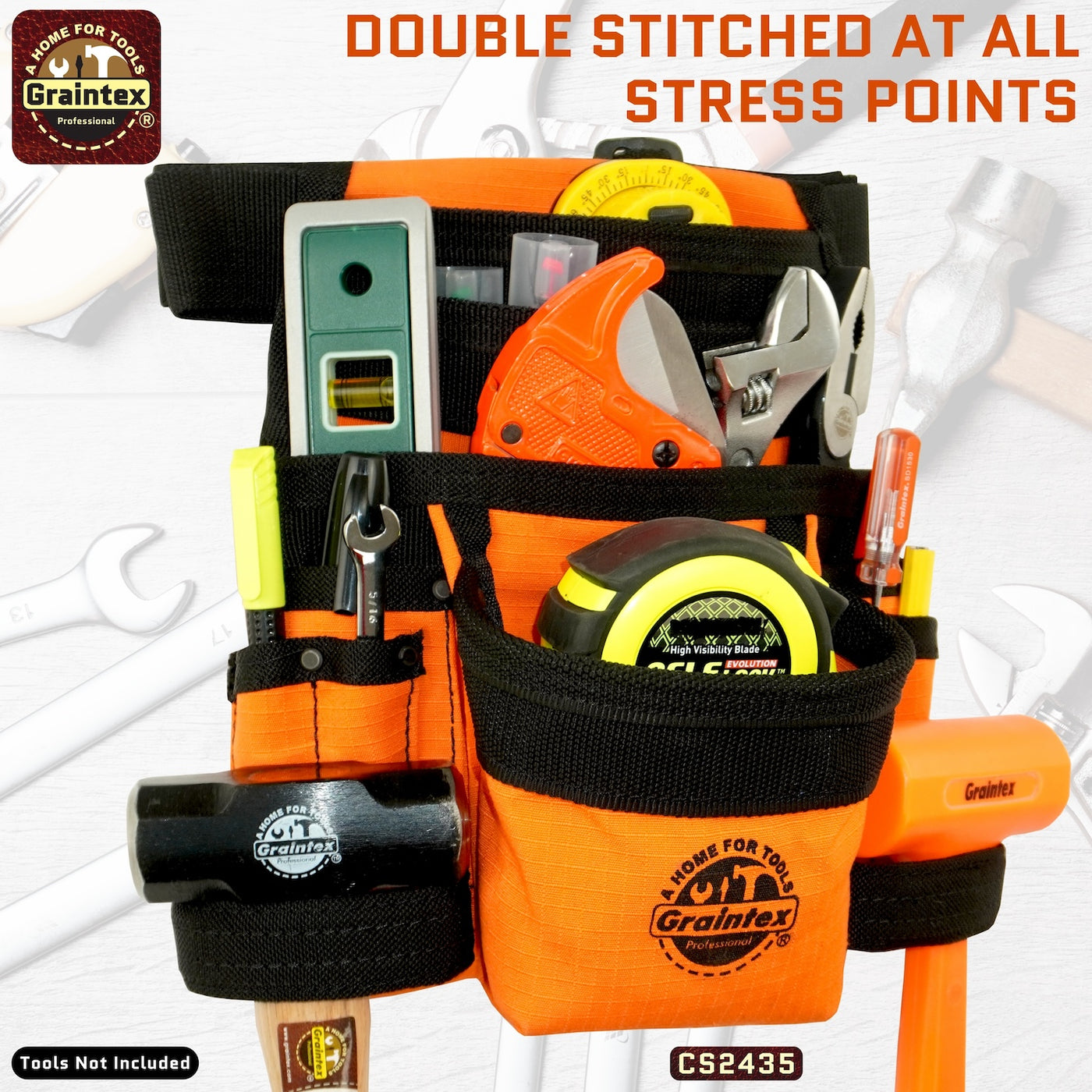 CS2435 :: 10 Pocket Finisher Nail & Tool Pouch Orange Color Ripstop Canvas with 2” Webbing Belt