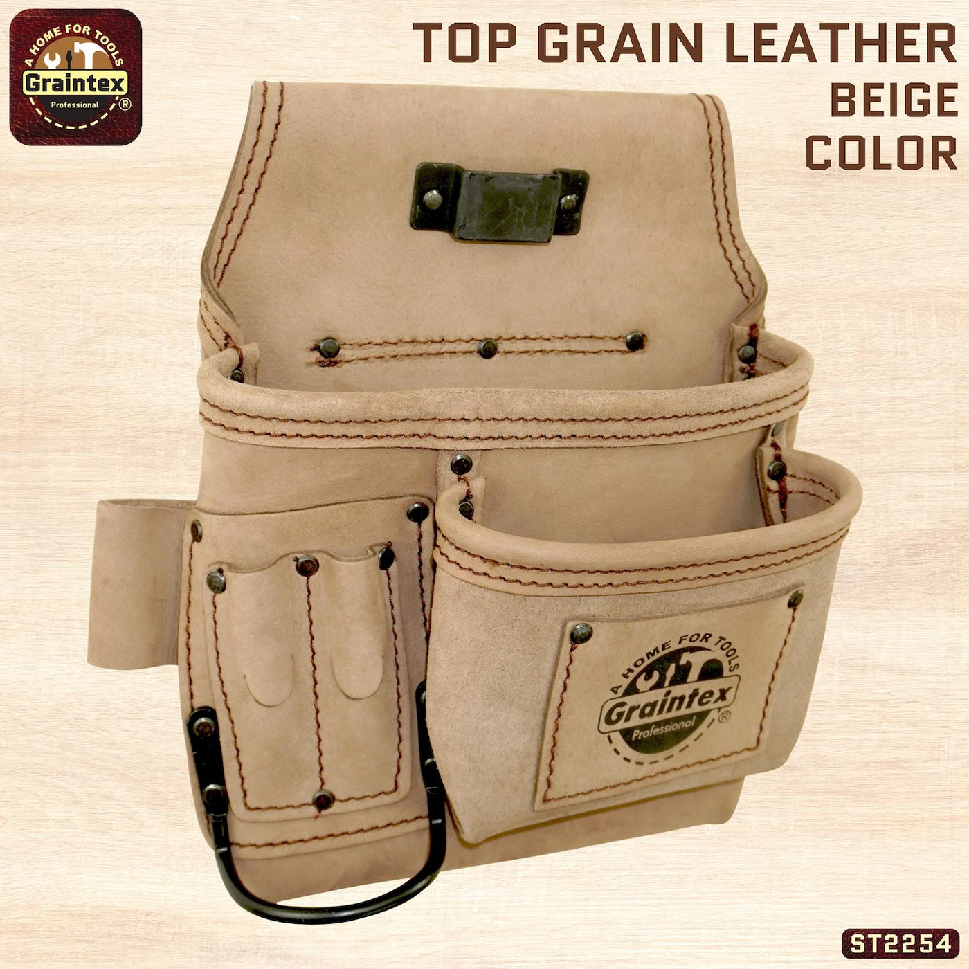 ST2254 :: 5 Pocket Right Handed Nail & Tool Pouch Beige Color Top Grain Leather