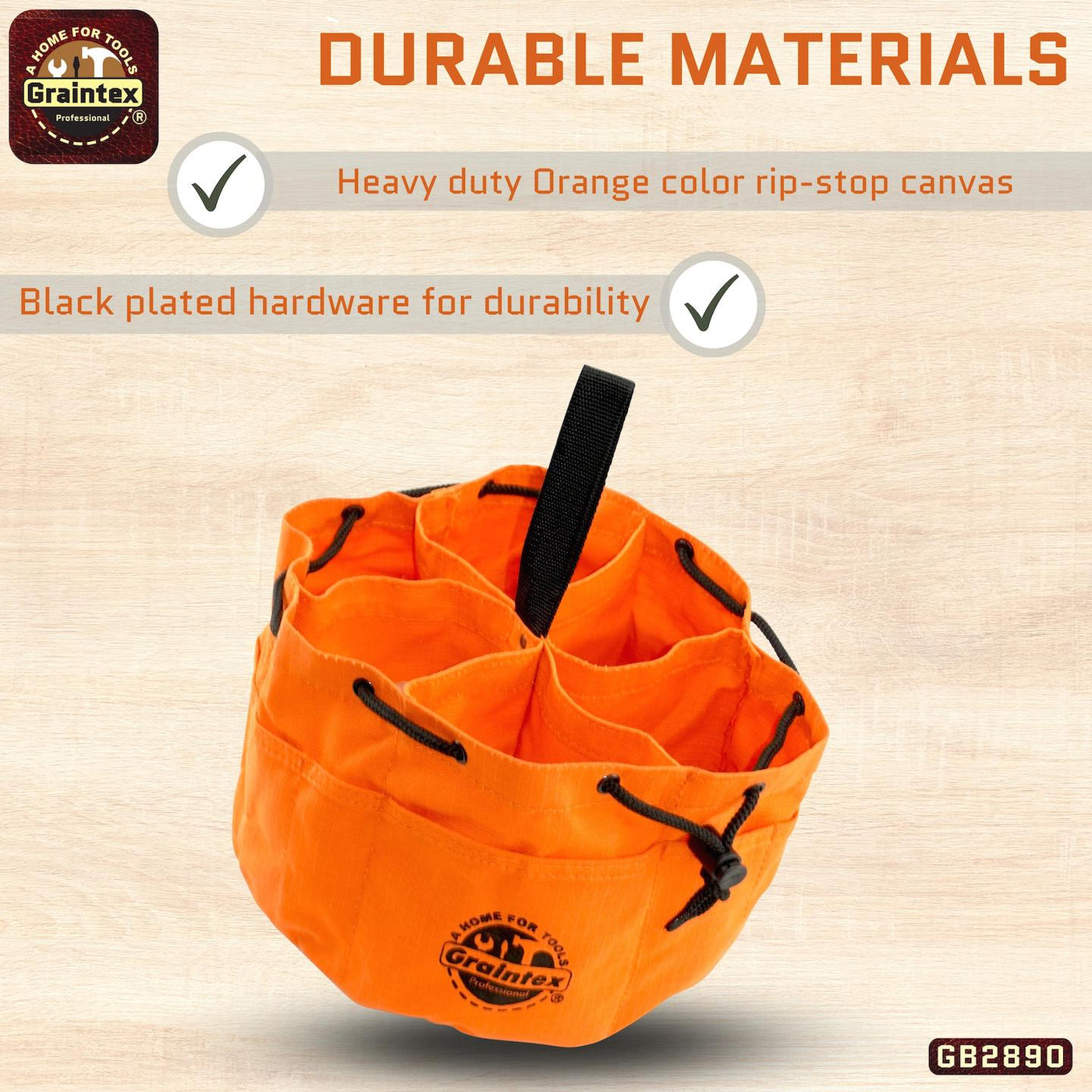 GB2890 :: Grab Bag Orange Color Rip-stop Canvas 18 Pockets Drawstring Closure