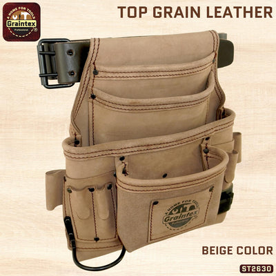 ST2630 :: 10 Pocket Nail & Tool Pouch Beige Color Top Grain Leather with 2" Leather Belt