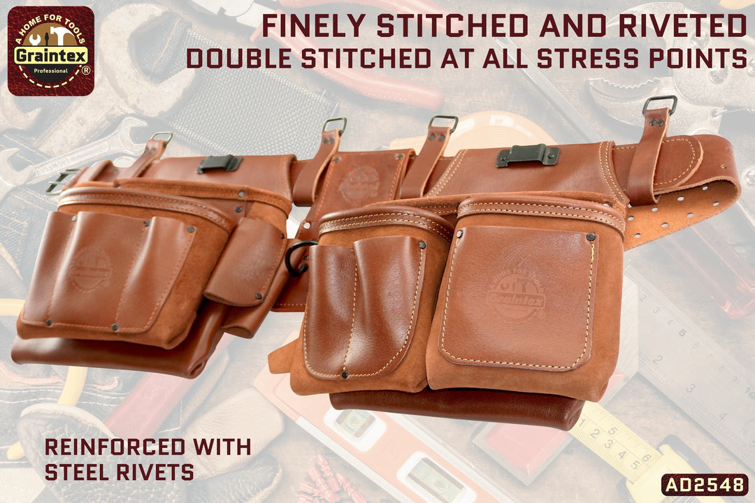 Graintex OD2222 10 Pocket Framers Tool Belt - Premium Oil Tanned Leather, 2" Belt, Hammer Holders, For Construction & Trades