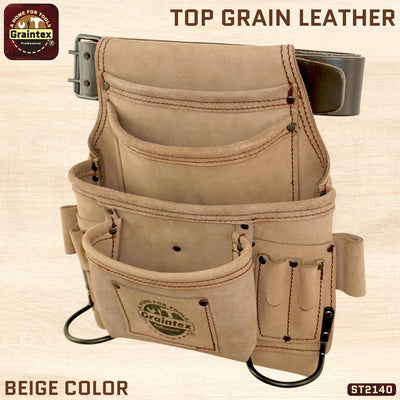 ST2140 :: 10 Pocket Nail & Tool Pouch Beige Color Top Grain Leather with 2" Leather Belt