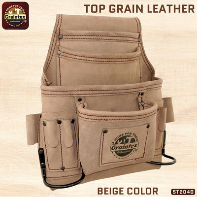 ST2040 :: 10 Pocket Nail & Tool Pouch Beige Color Top Grain Leather