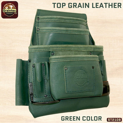 ST2108 :: 10 Pocket Nail & Tool Pouch Green Color Top Grain Leather