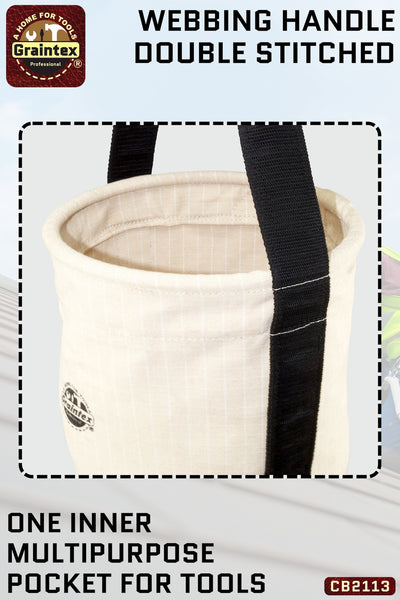 CB2113 :: UTILITY CANVAS BUCKET LEATHER BOTTOM 10”X15” WEBBING HANDLE WITH SWIVEL SNAP HOOK