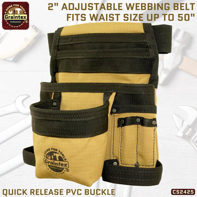 CS2425 :: 10 Pocket Finisher Nail & Tool Pouch Khaki Color Ripstop Canvas with 2” Webbing Belt