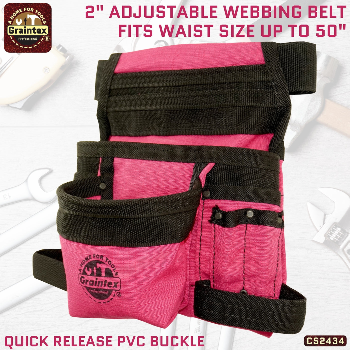CS2434 :: 10 Pocket Finisher Nail & Tool Pouch Pink Color Ripstop Canvas with 2” Webbing Belt