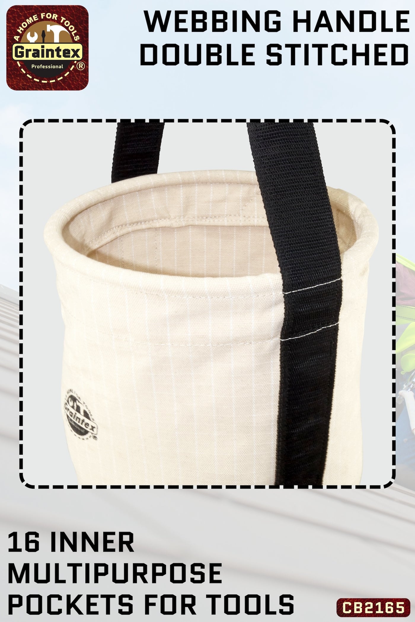 CB2165 :: UTILITY TAPERED CANVAS BUCKET LEATHER BOTTOM 16 INNER POCKETS 12”X10”X14” WEBBING HANDLE WITH SWIVEL SNAP HOOK
