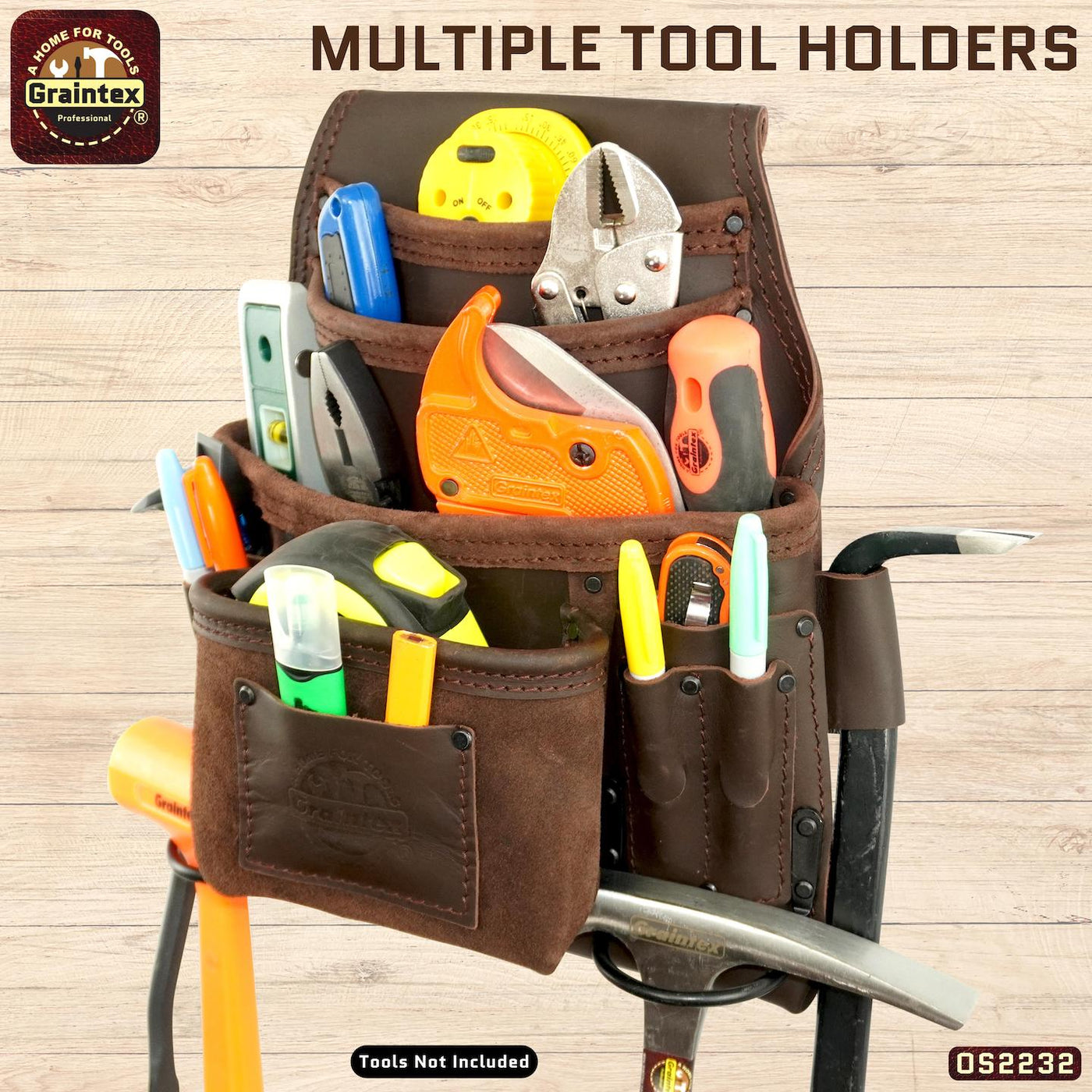 OS2232 :: 10 Pocket Nail & Tool Pouch Brown Color Oil Tanned Top Grain Leather