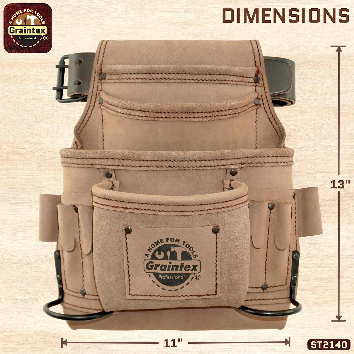 ST2140 :: 10 Pocket Nail & Tool Pouch Beige Color Top Grain Leather with 2" Leather Belt