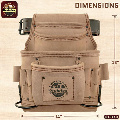 ST2140 :: 10 Pocket Nail & Tool Pouch Beige Color Top Grain Leather with 2" Leather Belt