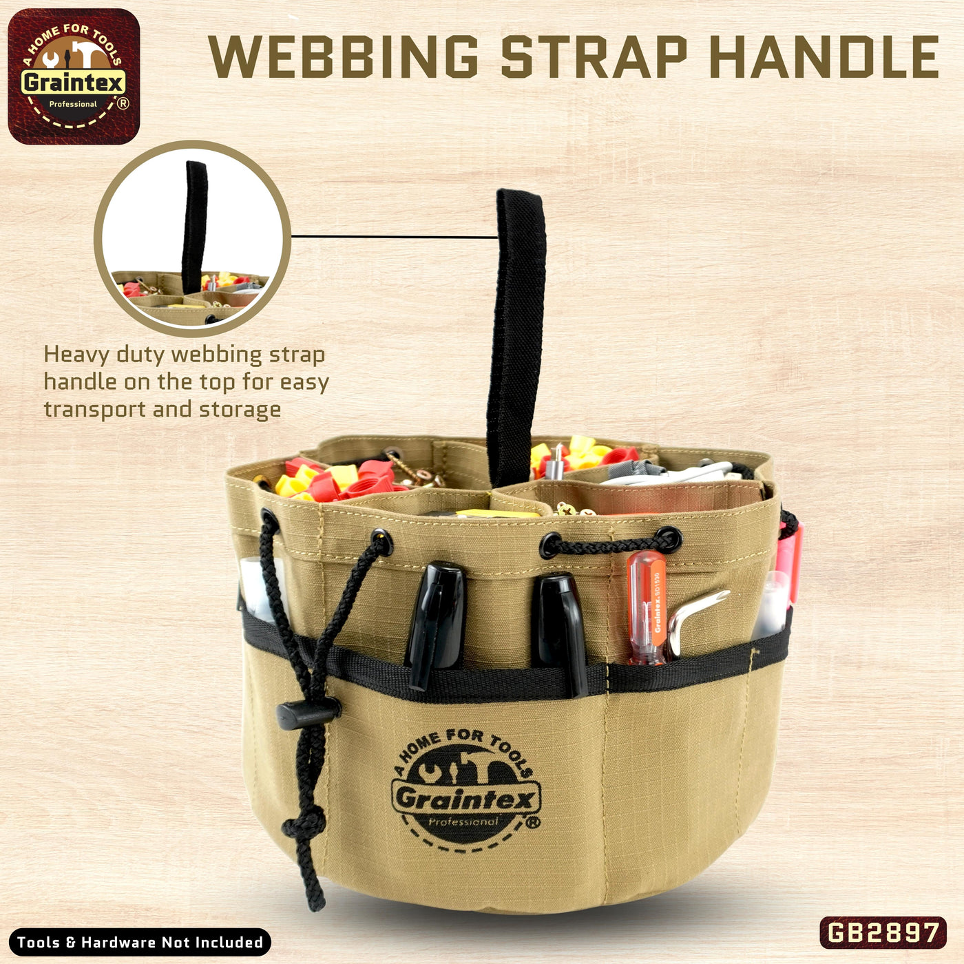 GB2897 :: Grab Bag Khaki Color Rip-stop Canvas 18 Pockets Drawstring Closure