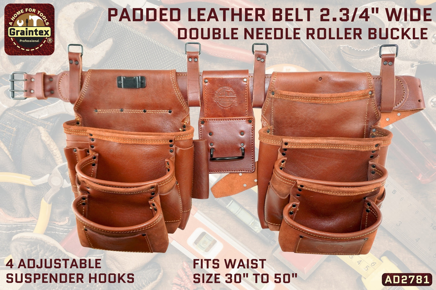 AD2781 :: 4 Piece 17 Pocket Framer's Tool Belt Combo Ambassador Series Chestnut Brown Color Top Grain Leather