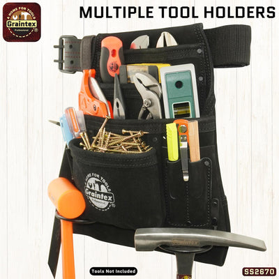 SS2670 :: 10 Pocket Nail & Tool Pouch Black Color Suede Leather with 2" Leather/Webbing Belt
